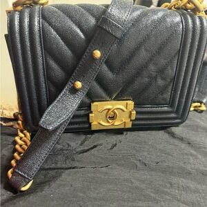 CHANEL Black Quilted Boy Bag with Gold Hardware